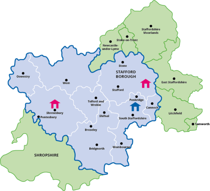 Map of HPG operational areas covering Shropshire, South Staffordshire and Stafford